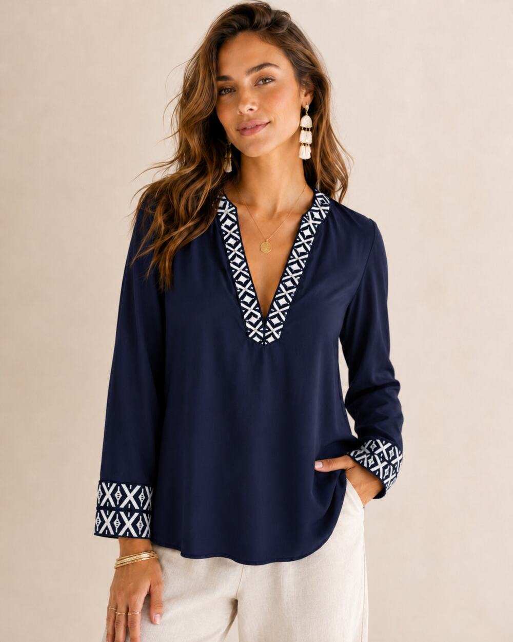 Tory Burch Blue Pullover Tunic Blouse Womens 4 Boho Embroidered Top Beachy